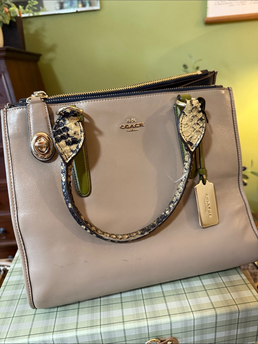 Coach Crosby Taupe Leather Satchel with Snake-Print and Green Trim